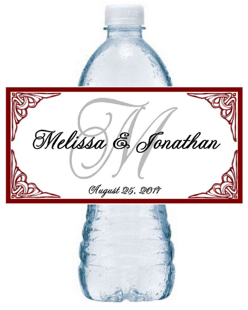50 BURGUNDY MAROON MONOGRAM WEDDING FAVORS WATER BOTTLE LABELS Waterproof Ink