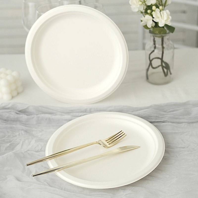 50 Round 9″ WHITE Bagasse Sustainable SALAD PLATES Party Events Home Decorations