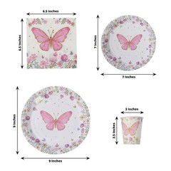 96 White Pink Butterfly Print Disposable Tableware Set Party Events Decorations