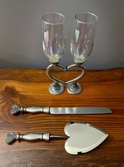 Fellowship Foundry Celtic Knots Hearts Pewter Glasses & Cake Server Wedding Set