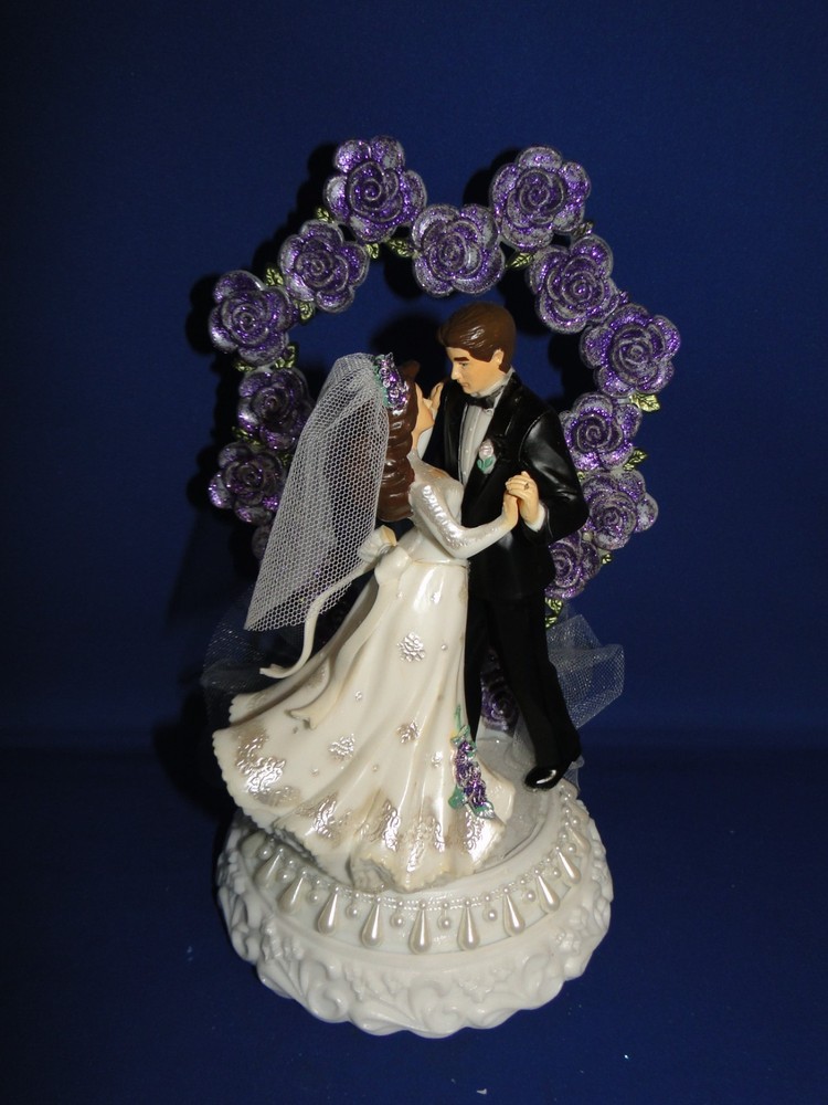 New Elegant Wedding Dancing Couple Caketop, purple rose ornate back #373
