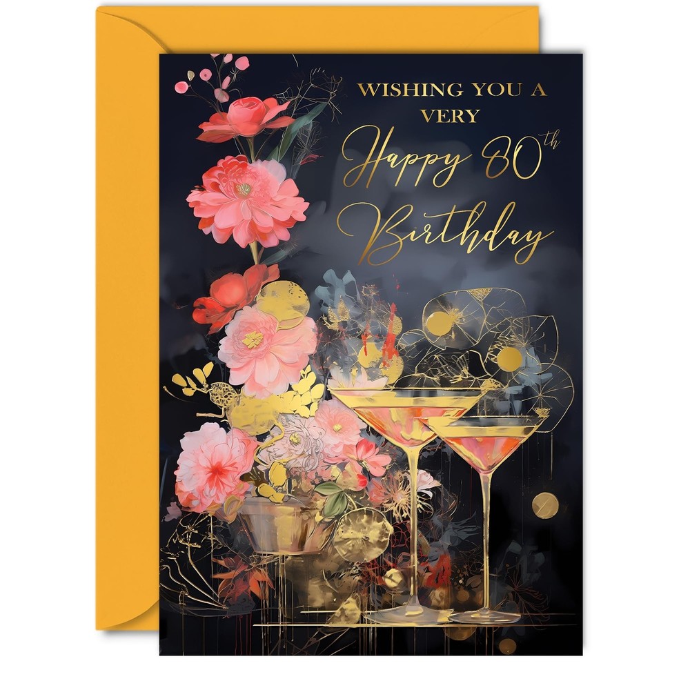 Beautiful Gold 80th Birthday Cards for Women Men – Wonderful Golden Cocktails…