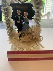 Vintage 1950s Wedding Anniversary Cake Topper Couple in Arch Bells Blue Dress