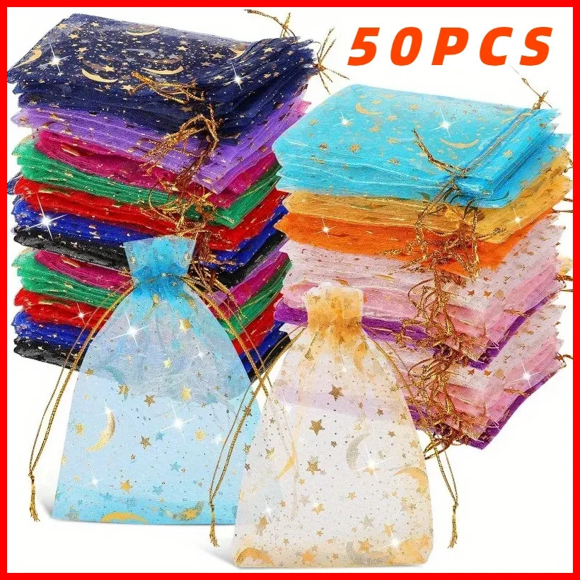 50PCS Moon Star Organza Drawstring Gift Bags Wedding Jewelry Favor Pouches Gold