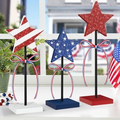 3PC Wooden Star Table Decor Set Patriotic Red White Blue Shiny Independence Day