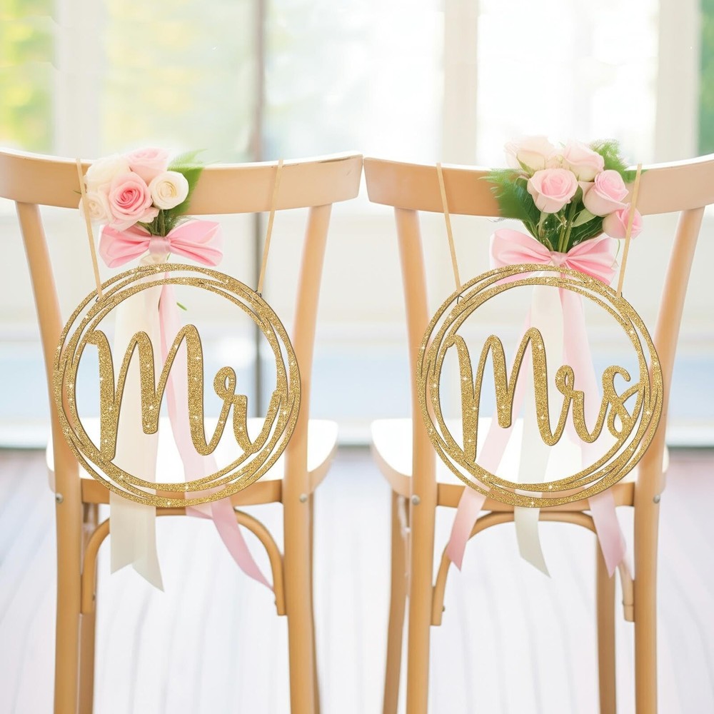 Yousoontic 2 Pcs Golden Wood Mr and Mrs Chair Signs Glitter Bride and Groom T…