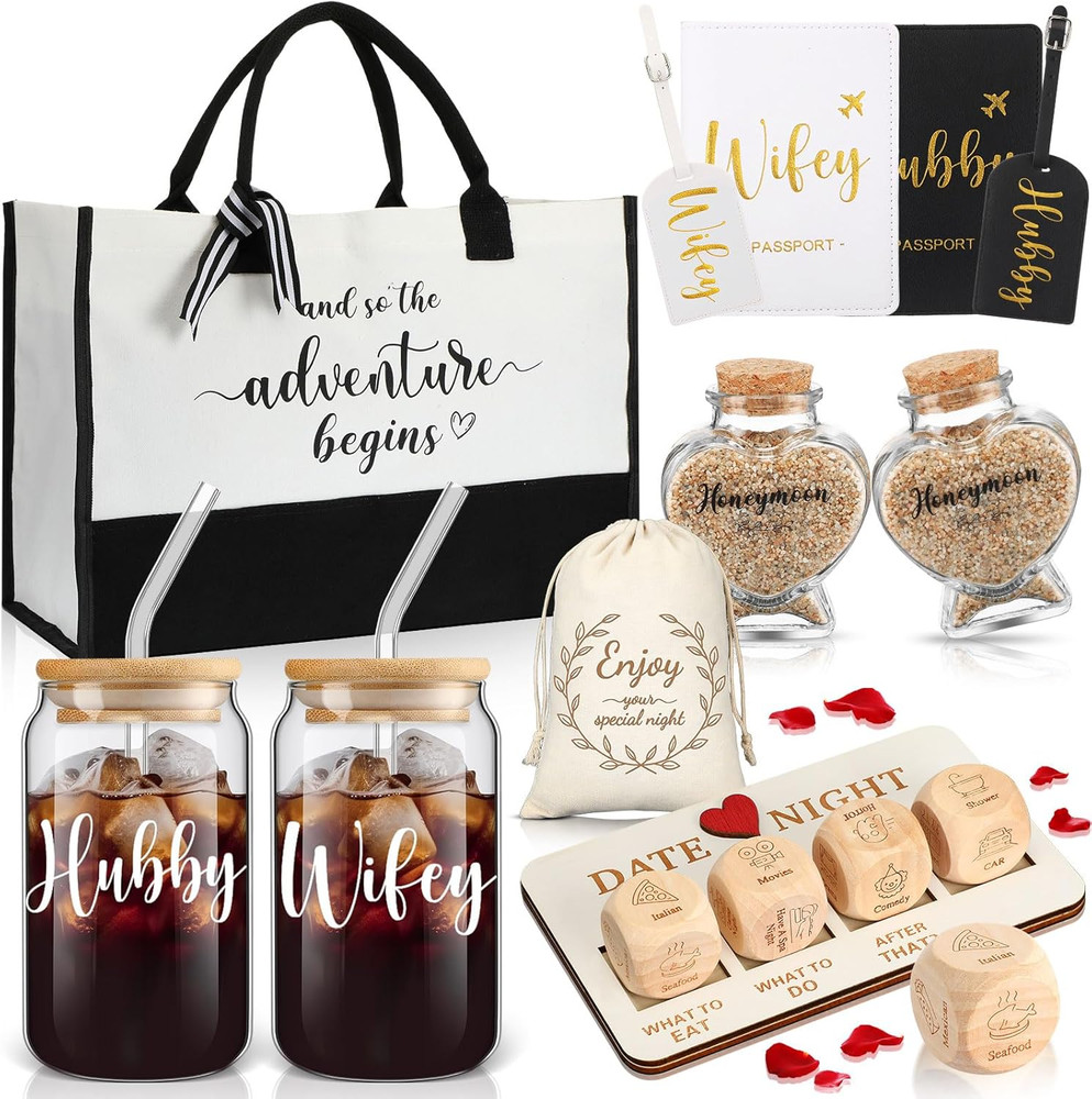 16Pcs Hubby Wifey Wedding Gift Set Honeymoon Travel Tote Tags Dice Glass Jars