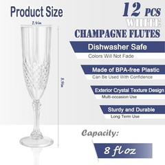 Pcs Plastic Champagne Flutes,Champagne Glasses Bulk, Made of Durable 12 White