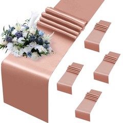 MILVOWOC 5 Pack Rose Gold Satin Table Runners, 12 x 108 Inch Bright Satin Sil…