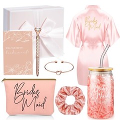 Irenare 8 Pcs Bridesmaid Proposal Gifts Set Robes Makeup Bag Cup Cards Hair T…