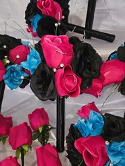 Wedding Bouquet Set – Black, Bright Pink, Turquoise Rose Flowers – 26 pieces