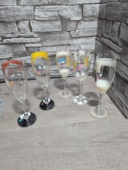 Set Lot of 5 Hand Painted Art 7.25″ Glass Champagne Flutes Wedding People Larry