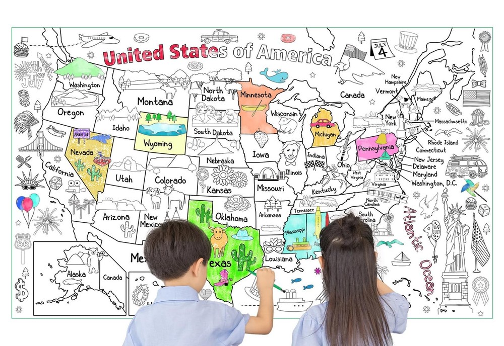 Licidecopai 54×33 Inch US Themed Giant Coloring Poster – 54″L x 33″W, Map