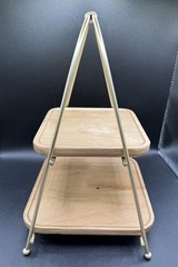Two Tier Tray Cupcake Holder Display Natural Wood Gold Metal Kitchen Table Decor