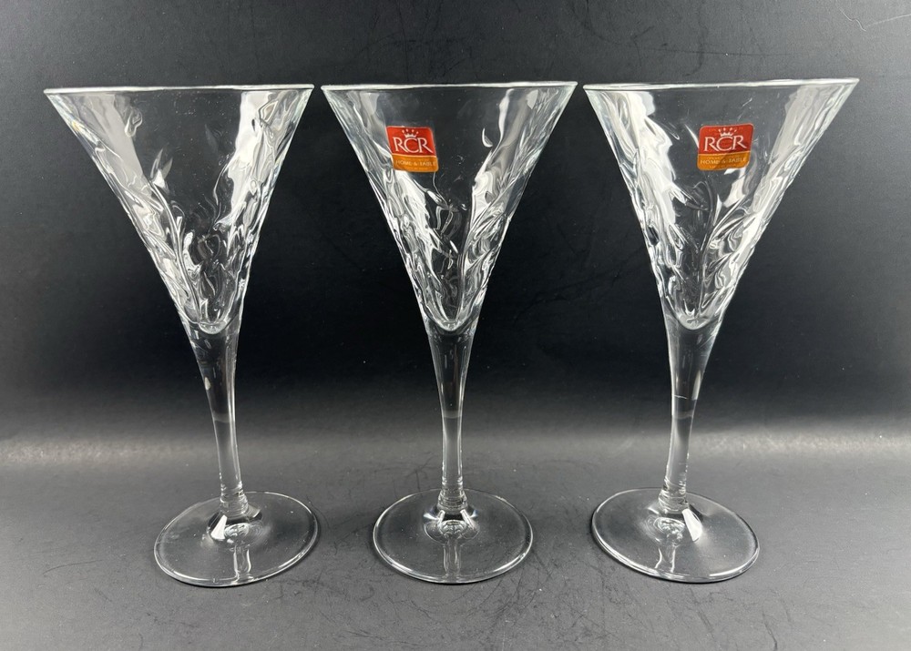 RCR Royal Crystal Glass Goblets LAURUS Glass Water Stickers Italy Set of 3 Vtg