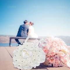 White Wedding Ring Holder Pillow Heart Shape Lace Rose Flower Rhinestone Crys…