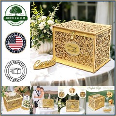 Wooden Gift Card Box for Weddings with Lift-off Lid and Glittery Gold Finish