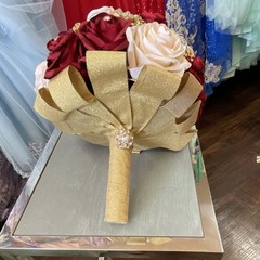 Burgundy Ivory Gold Artificial Rose Wedding Bouquet with Silk and Pearl Accents