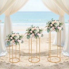 A Set of 3 Cylindrical Flower Racks Gold Party Decor Stand Metal Flower Holder