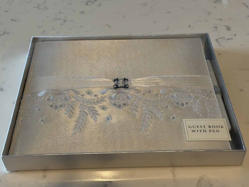 Elegant Satin Hallmark Guest Book with pen. Embroidered Lace Rhinestone New