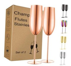 Stainless Steel Champagne Flutes Set of 2-Unbreakable Metal Long Rose Gold