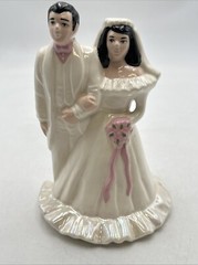 Vtg 1950’s Wedding Cake Topper 7” Bride & Groom Ceramic Iridescent Dress Pink