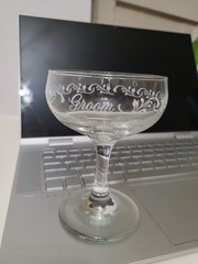 Vintage Bride & Groom Champagne Coupe Glasses Etched Scroll Wedding Toast Set