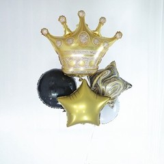 6 Gold Black White Round Crown Stars Mylar Foil BALLOONS Set Party Decorations
