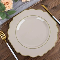 10 Taupe 12″ Baroque PLASTIC DINNER PLATES with Gold Rim Party Event Decorations