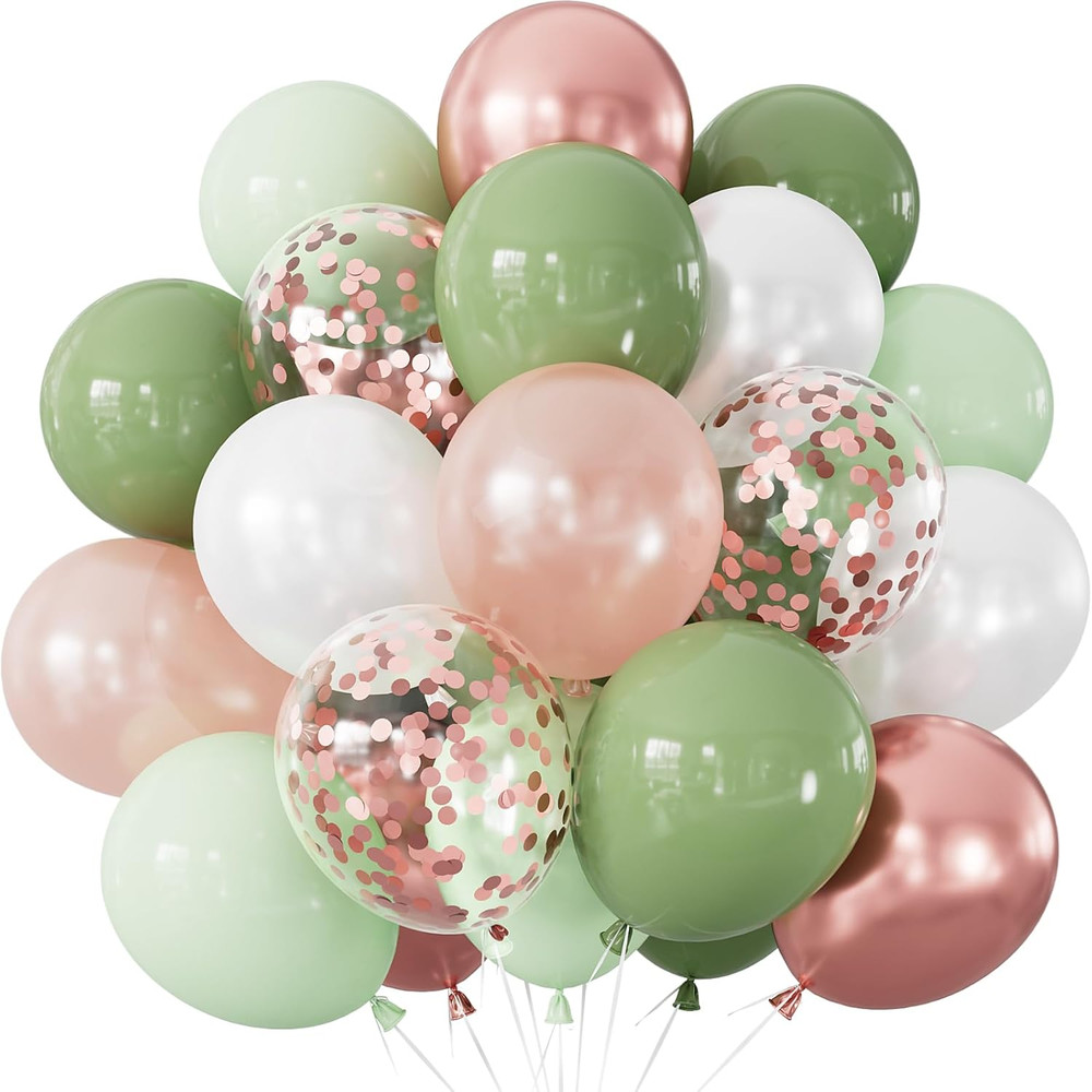 Sage Green and Rose Gold Balloons, 24Pcs 12 Inch Sage Green White Metallic Rose