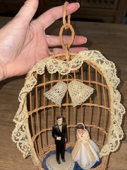 Bride & Groom Vintage Wedding Topper with a Bell and Arch Flowers Lace Tuxedo