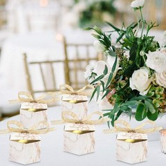 Exquisite 50pcs Marble Favor Boxes for Weddings & Events with Gold Ribbons