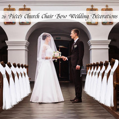 26 Sets Large White Pew Bows Tulle Wedding Aisle Chair Decorations, Extended Chu