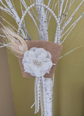 JUTE FLORAL BASKET Flower Girl Wedding Faux Pearl Handle Lace Feather EUC