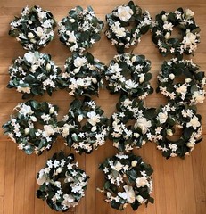 Stephanotis & White Rose Candle Rings, Dk Green Leaves-10″Dia . Set Of 14