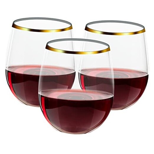 32 Pack 12 OZ Plastic Wine Glasses, Stemless Disposable Wine 12OZ-32-Gold Rim