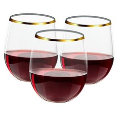 32 Pack 12 OZ Plastic Wine Glasses, Stemless Disposable Wine 12OZ-32-Gold Rim