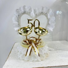 Vintage 50th Wedding Anniversary Cake Topper with Gold Champagne Flutes Ribbons