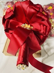 Artificial Red Rose Wedding Bouquet w/ Gold Rhinestone Brooch, Fabric & Plastic