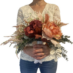 Bridal Wedding Bouquet Hand made Budget Friendly Faux Flowers Red Orange Fall