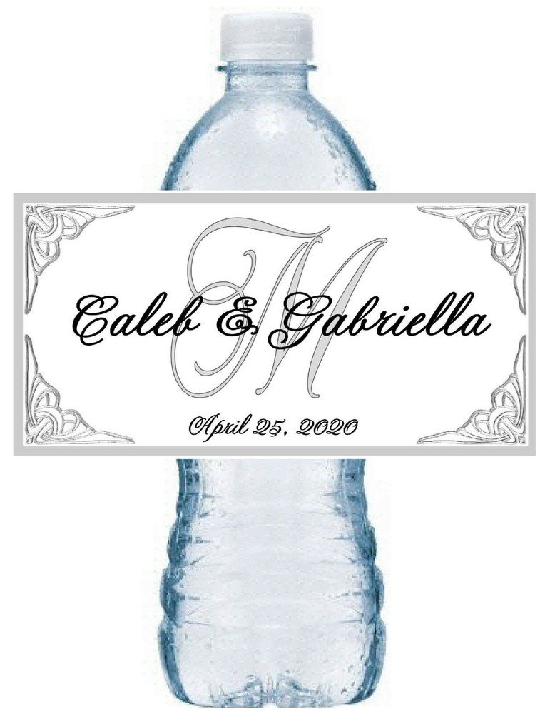 50 PERSONALIZED SILVER MONOGRAM WEDDING WATER BOTTLE LABELS Waterproof