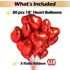 30 pcs Red Heart Balloons 18″ a bunch of Heart Love Foil Helium Balloons, Hel…