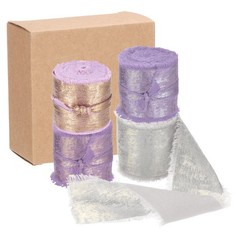 4pcs Chiffon Ribbon, 1 1/2″x5 Yard Silk Ribbon, Purple Silver Glitter Fabric