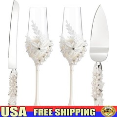 Champagne Flutes Cake Knife Server Set Wedding Gift Pearl Design Toasting New