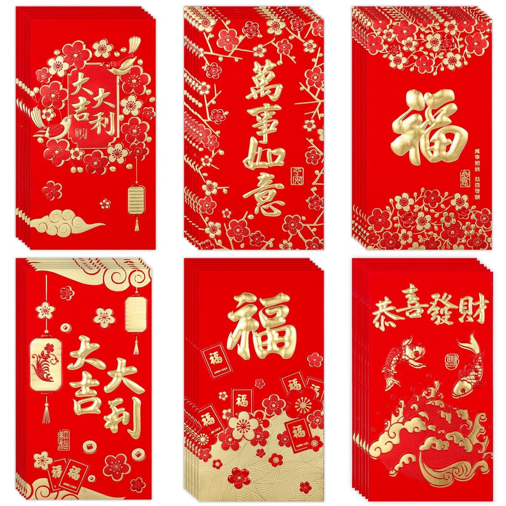 36pcs Chinese New Year Red Envelopes, 6 Style Gold Foil Fu 17x9cm, red, gold