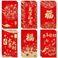 36pcs Chinese New Year Red Envelopes, 6 Style Gold Foil Fu 17x9cm, red, gold