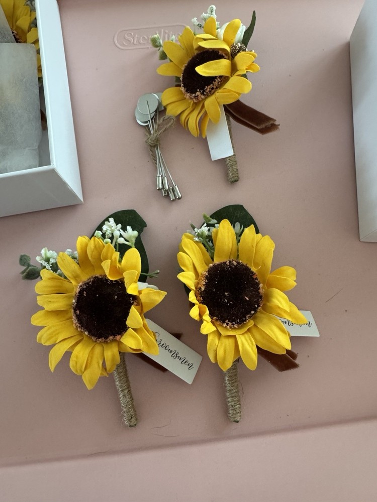 Boutonniere for Men, 6pcs Groom Groomsmen Boutonniere with Pins – Sunflowers