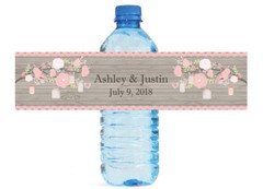 Rustic Wood and Pink Flowers Mason Jars Wedding Anniversary Water Bottle Labels