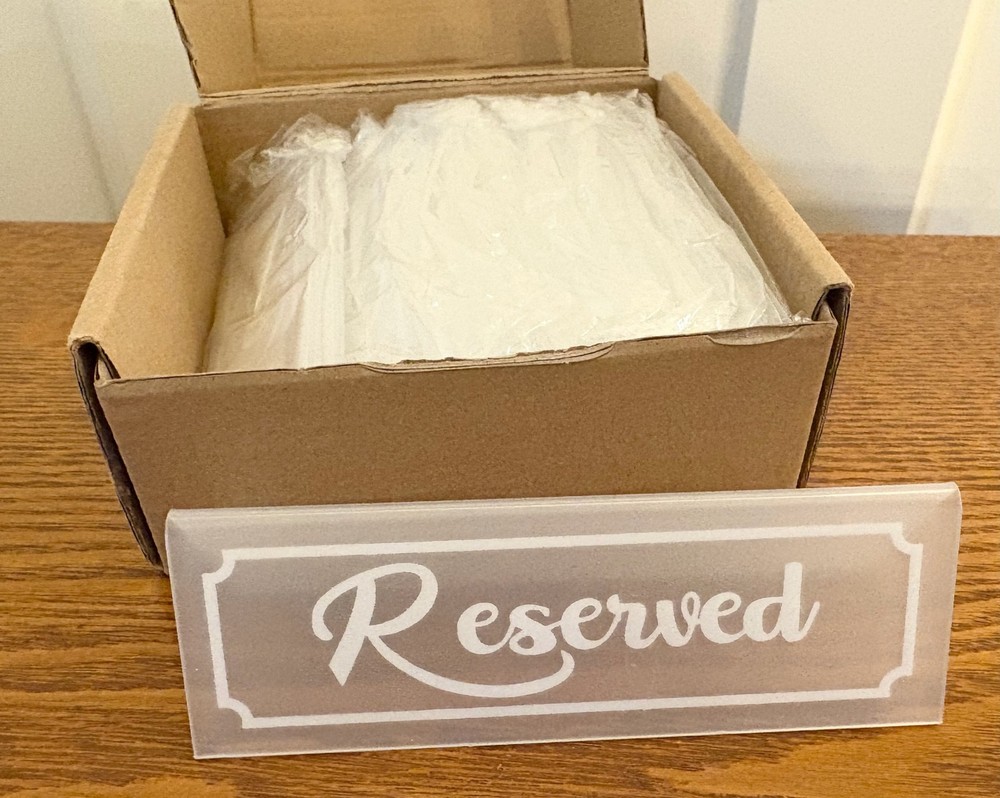 NEW RESERVED Table Sign Plaque Event Wedding Party Clear Plastic White Set of 16