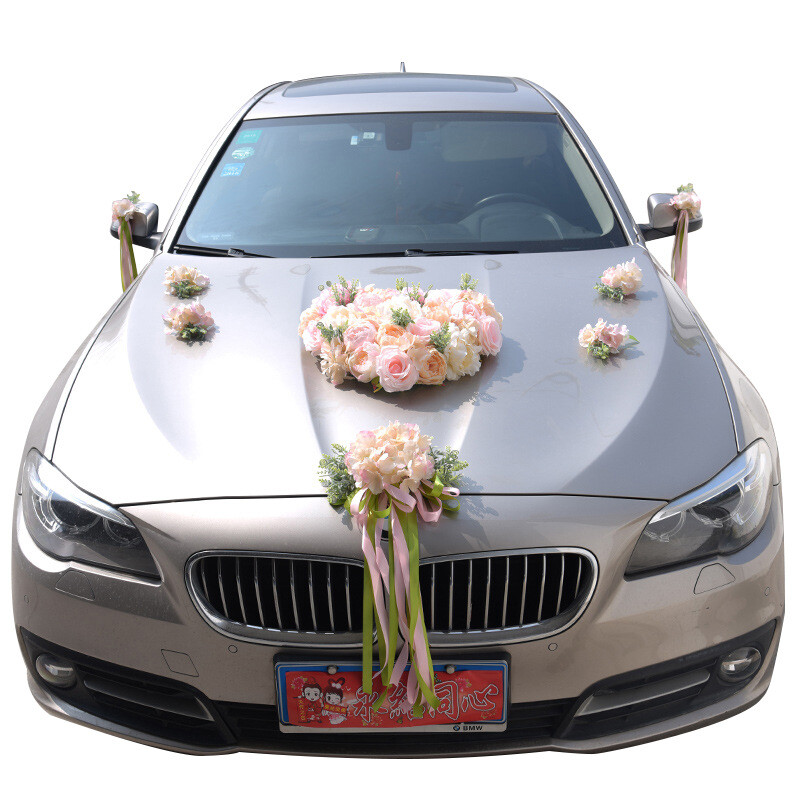 1 Set Artificial Flower Wedding Car Decor Kit Heart-Shaped Wreath Bow Garland
